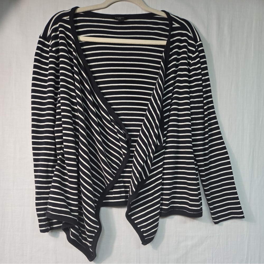 Talbots Cardigan Waterfall Open Front Women's Large Petite Black White Stripes